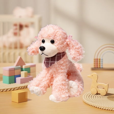 Gallickan Dog Plush, 11 Inch Scarf Poodle Stuffed Animal Dog with Knit Scarf, Realistic Fluffy Toy for Wedding Decor, Christmas Birthday Gift, Pink