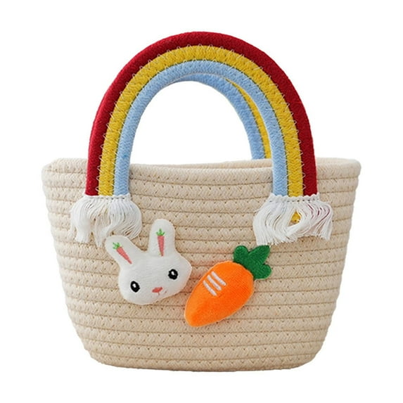 Gallickan Easter Baskets for Kids, Easter Woven Tote Bag Easter Egg Gift Snack Organizer Basket for Gift Cute Holiday Tote Bag, Beige