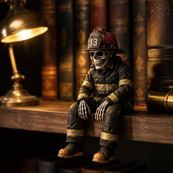 Gallickan Firefighter Skeleton Shelf Sitter, 4 Inch Resin Firefighter Skull Seated Desk Decor, Humorous Figurine, Gift for First Responder, Dark Humor Collectible