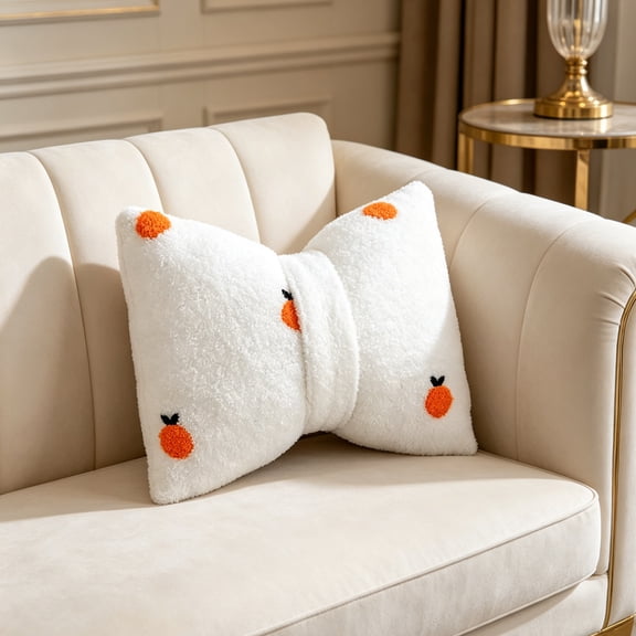 Gallickan Fleece Embroidered Bow Knot Throw Pillow with Insert, Orange Color, Modern Cute Irregular Shape, 1pc