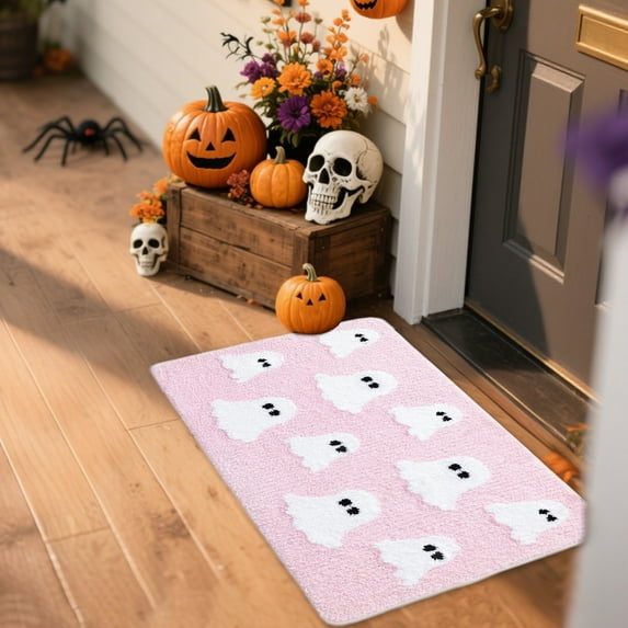 Gallickan Floor Mat, Pumpkin Halloween Rug Non Slip Soft Flannel Like Bath Carpet Doorstep Decor, Large 20x32 Inch Absorbent Floor Cover Accessory, Pink