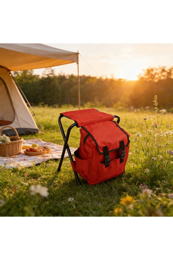 Foldable Cam Chair Backpack with Adjustable Shoulder Straps, Portable Stool for Hiking Fishing Picnic, Red