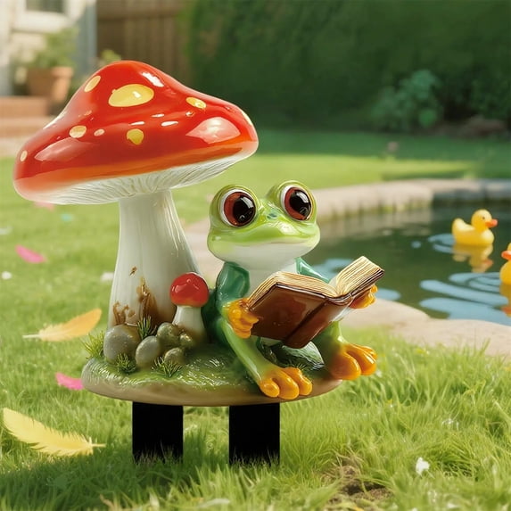 Gallickan Frog Garden Stake, Acrylic Decor with Mushroom and Book Design, Cute Outdoor Yard Art for Flower Bed and Lawn Decoration, A