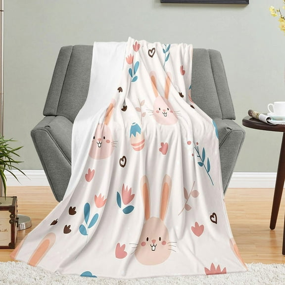 Gallickan Fuzzy Bunny Blanket, Cute Easter Throw Blanket, Soft Plush Blankets with Bunny,Eggs and Floral Pattern, Gifts for Girls, 40x28 Inches, White