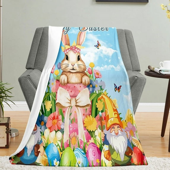 Gallickan Fuzzy Bunny Blanket, Cute Easter Throw Blanket, Soft Plush Blankets with Bunny,Eggs and Floral Pattern, Gifts for Girls, 40x28 Inches, Blue
