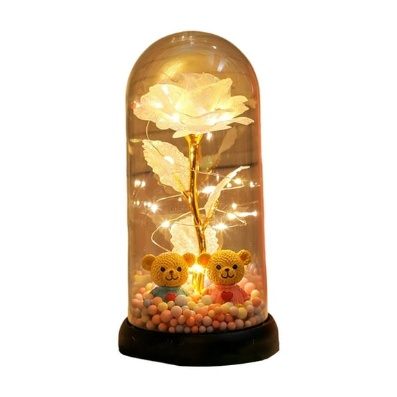 Gallickan Glass Rose Night Light, Battery Powered LED Flower Lamp, with Two Bear Figurines, Preserved Rose Decor, Romantic Gift for Special Occasion, Bedroom, Table, White