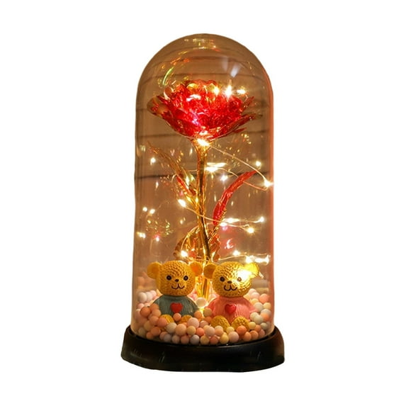 Gallickan Glass Rose Night Light, Battery Powered LED Flower Lamp, with Two Bear Figurines, Preserved Rose Decor, Romantic Gift for Special Occasion, Bedroom, Table, Red