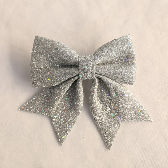 Gallickan Glitter Bow Hair Ties, 2-Pack Ponytail Holders, Strong Hair Bands for Uniform, Christmas Gift Accessory, Silver