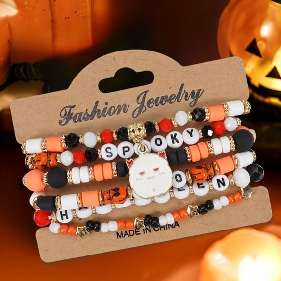Gallickan Halloween Bracelets, Gothic Style Multi Strand Beaded Pack Featuring Bat and Pumpkins, Adjustable Stackable Bracelets for Teens Festive Party Favors, A