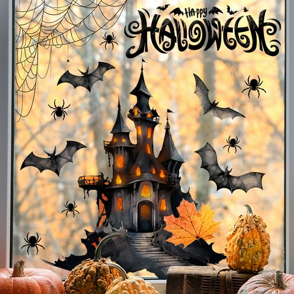 Gallickan Halloween Decorations, 2Pcs Halloween Wall Sticker Bats Spider Castle Wall Decal Stickers for Window Home Kids Room Nursery Halloween Party Supplies, Black