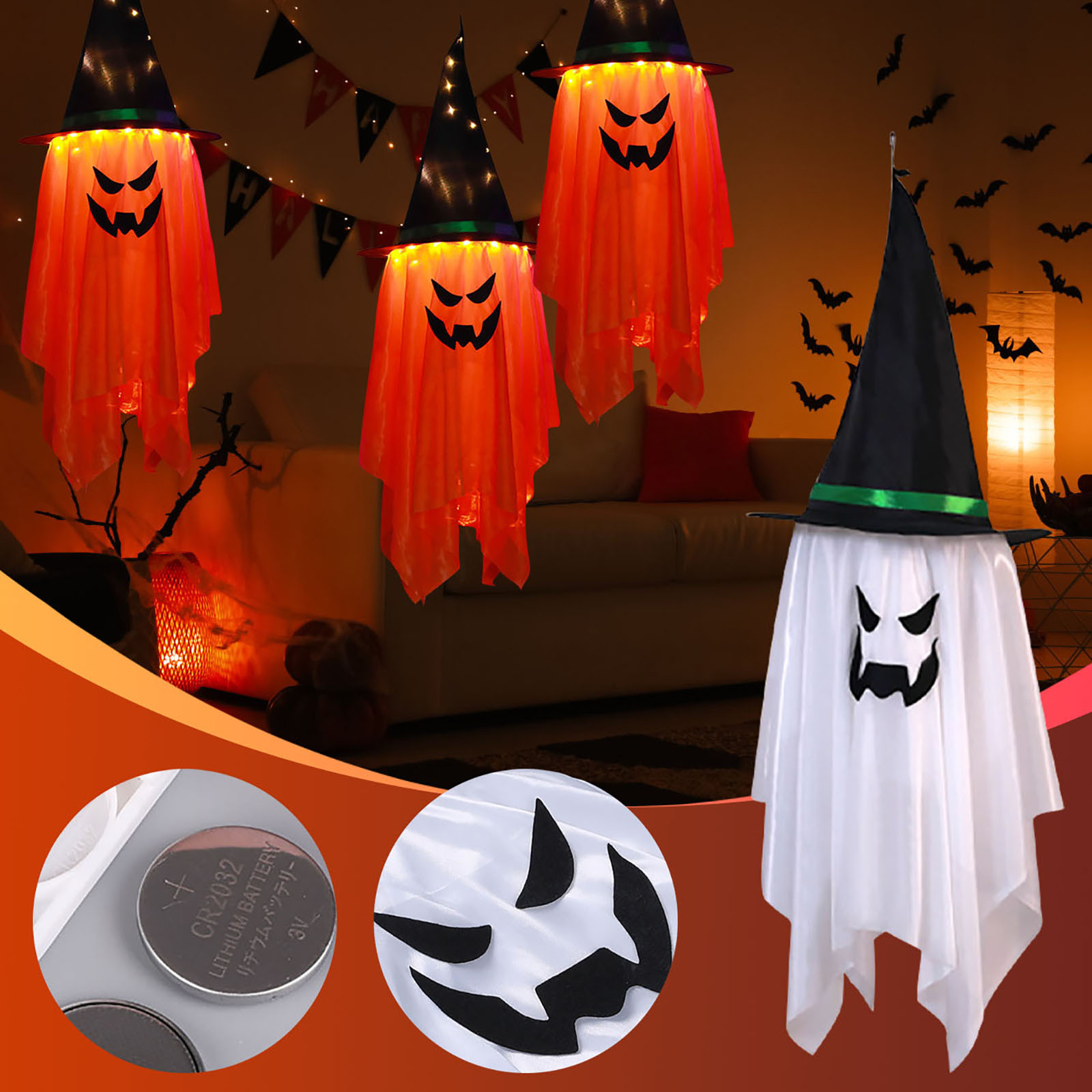 Gallickan Halloween Hanging Ghosts, Halloween Decorations Outdoor Ghosts with Witch Hat, Light up Ghost Witch Hat Lights, Halloween Decor for Yard Patio Garden Tree, A