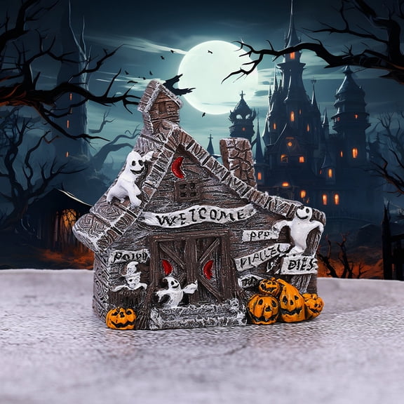 Gallickan Halloween House Figurine, Resin Statue with Ghost Pumpkin for Halloween Decorations, 11.6 Inch Halloween Village Statue for Indoor Outdoor Party Decor, D