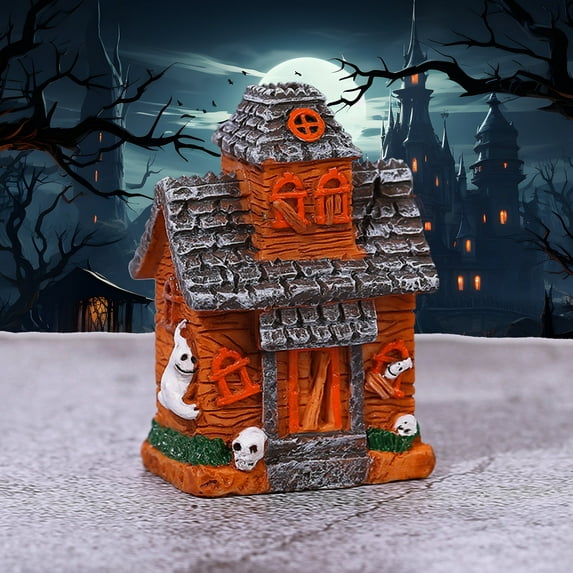 Gallickan Halloween House Figurine, Resin Statue with Ghost Pumpkin for Halloween Decorations, 11.6 Inch Halloween Village Statue for Indoor Outdoor Party Decor, B
