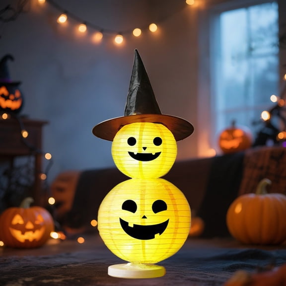 Gallickan Halloween Witch Hat Pumpkin Lantern Light, Glowing Pumpkin Stack Tabletop Decoration, Spooky Home Decor for Indoor Outdoor Party, 1pc