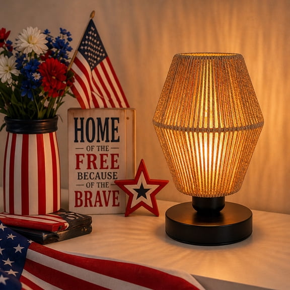 Gallickan Handwoven Hemp Rope Table Lamp, Bohemian Warm Light Desk Light, Straight Plug, for Bedroom Living Room, Beige, 1pc