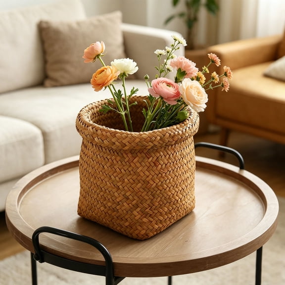 Gallickan Handwoven Storage Basket 18cm, Circular Natural Wood Desktop Organizer for Cosmetics, Snacks, Flower Pot, Home Decor, 1pc