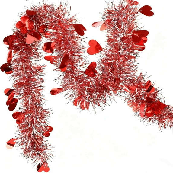 Gallickan Heart Shaped Garland, Decorative Party Streamer, Valentine's Day Decor Ribbon with Adhesive, Tinsel Material and Easy Cut, for Wedding Room Decor, Red