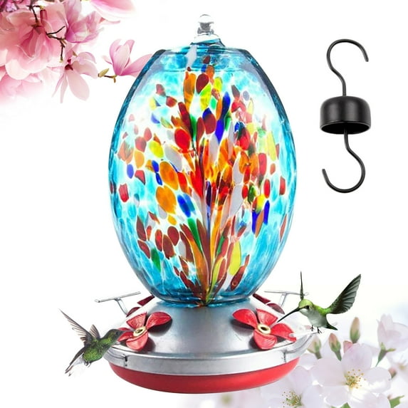 Gallickan Hummingbird Feeders for Outdoors Hanging, Hand Blown Glass Hummingbird Feeder with 5 Polees, Ant and Bee Proof, Garden Backyard Decor, Multicolor