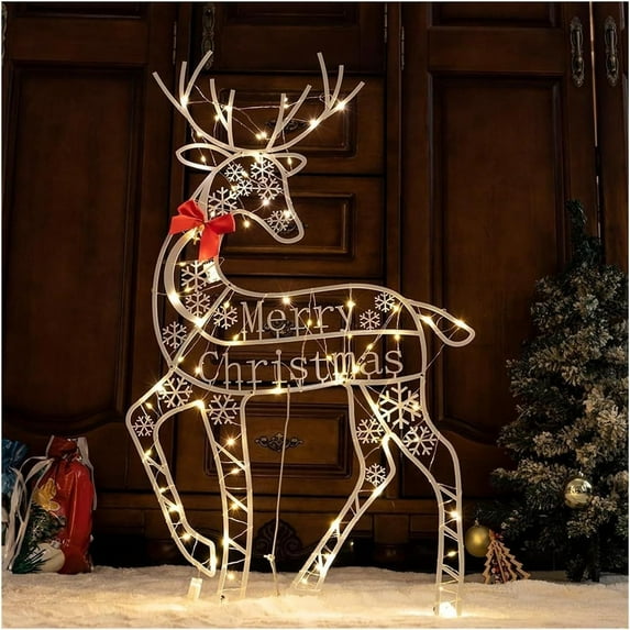 Gallickan LED Lighted Reindeer for Christmas Decoration, Xmas Outdoor Deer Decor with 60 LED Lights, 3D White Glittered Standing Holiday Display for Outdoor, Indoor, White, B