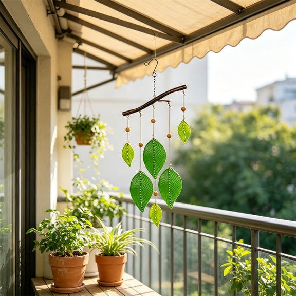 Gallickan Leaf Glass Wind Chime, Metal Branch with Beads, Outdoor Garden Patio Decor, Green Glass Leaves Sun Catcher for Yard, 62cm Hanging Ornament