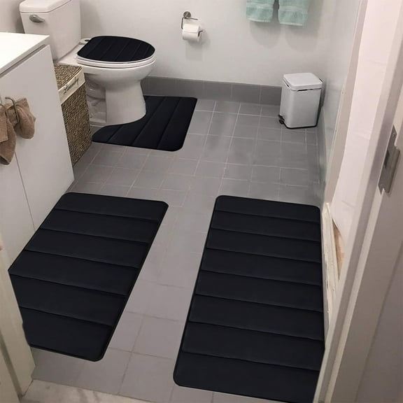 Gallickan Memory Foam Bathroom Rug Set 4 Piece, Non Slip Extra Soft Absorbent Washable & Dry Fast No Slip Toilet Bath Mat Sets for Bathroom Floor Mat, Black