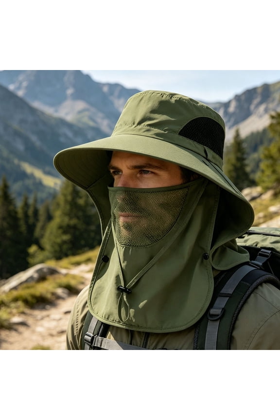 Men's Full Protection Sun Hat, Removable Face Neck Flap, Wide Brim Boonie Cap, Breathable Mesh, for Hiking Fishing Camping Gardening