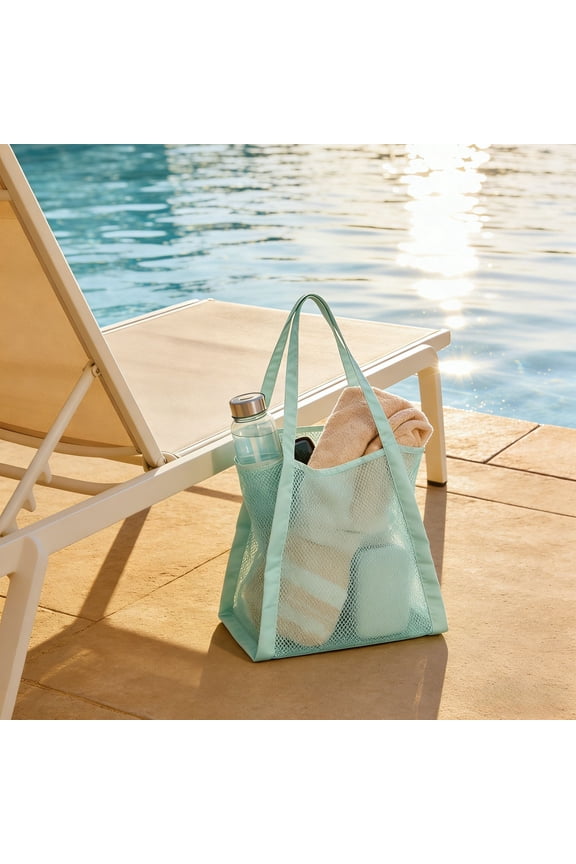 Mesh Beach Bag Blue, Large Dstring Net Tote, Sand-Free Storage for Wet Clothes, Towels, Snorkeling Gear, 12.9x12.2in, 1pc