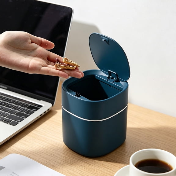 Gallickan Mini Desk Trash Can with Lid, 2L Small Plastic Tabletop Waste Basket, Spring-Lid Compact Garbage Bin for Office Bedroom, Navy