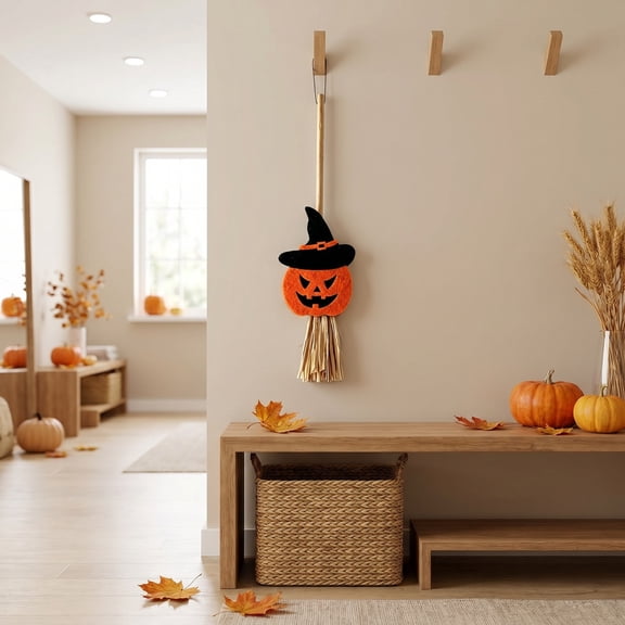 Gallickan Mini Witch Broom Halloween Decor, Handmade Straw Tabletop Ornament with Hat Pumpkin Detail