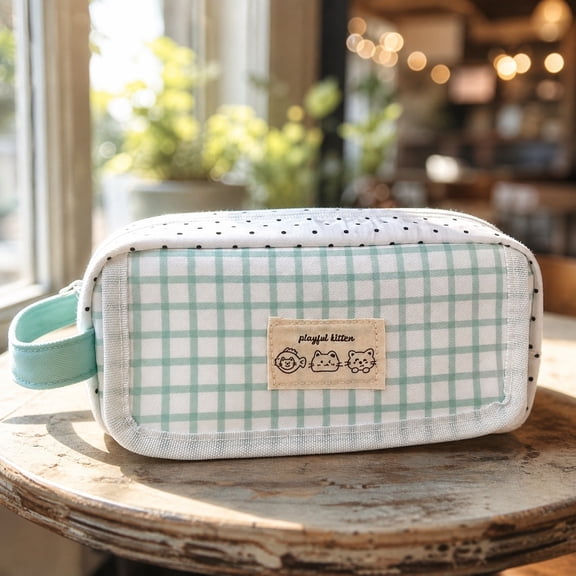 Gallickan Mint Pencil Case, Large Capacity Stationery Multifunctional Storage Bag, Cute Checkered Polka Dot Pattern, School Office Makeup Organizer, 1pc