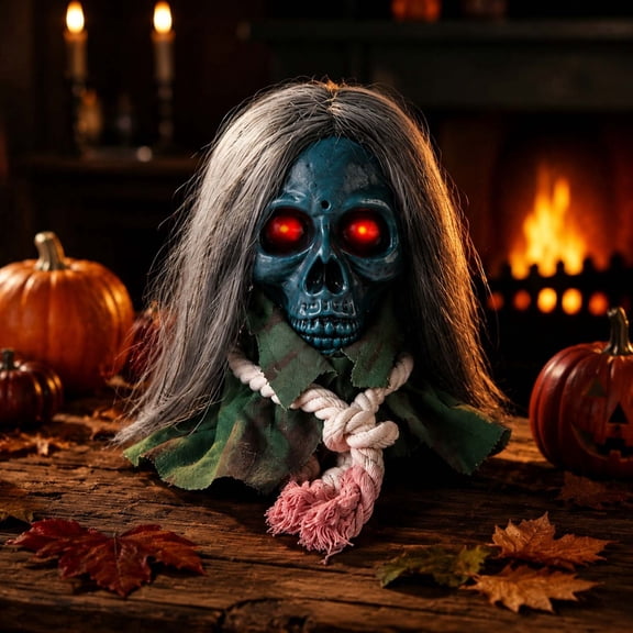 Gallickan Moving Halloween Skull Head Prop, Creepy Long Haired Hanging Skeleton Decor, Indoor Outdoor Spooky Decoration, Plastic, Blue, 1pc