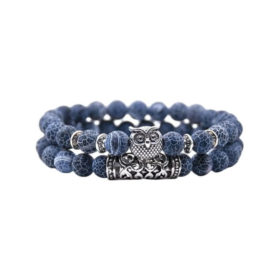 Gallickan Owl Bracelet, Natural Stone Beaded Adjustable Wrap, Volcanic Lava Rock & Pine Charm Unisex Couple Wristbandn
