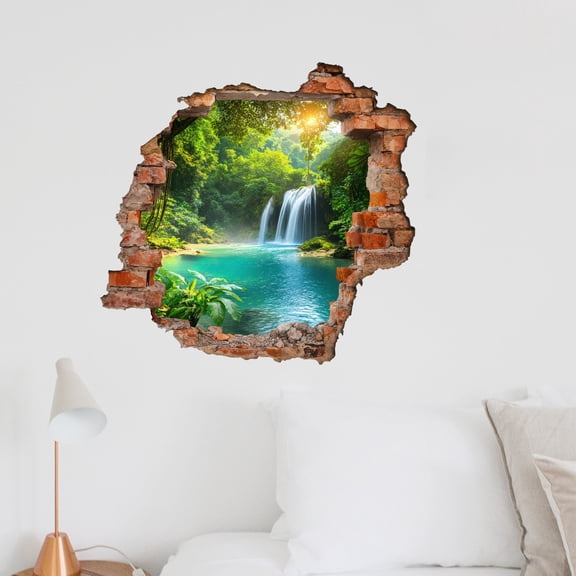 Gallickan PVC Self-Adhesive Waterfall Forest Wall Sticker, Waterproof 3D Breaking Wall Decal for Living Room Bedroom Decor
