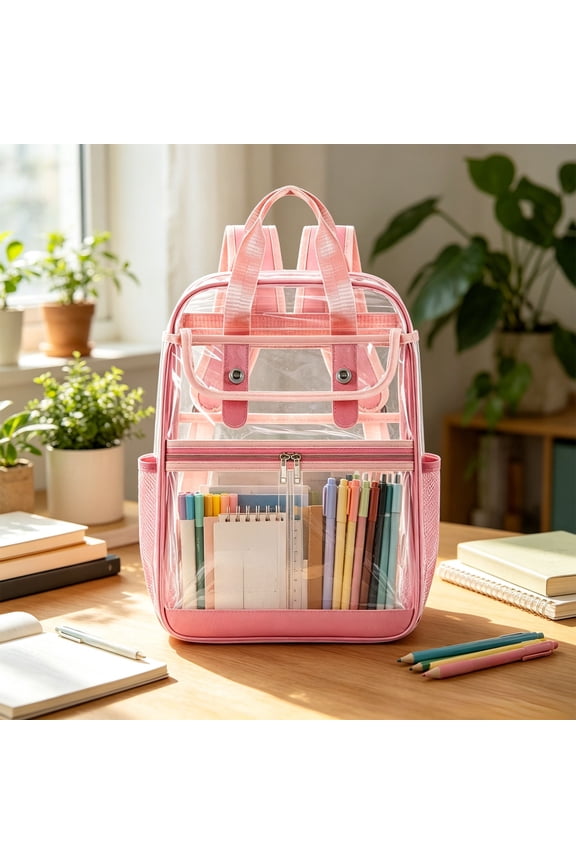 PVC Transparent Fashionable Backpack with Handle, Large Capacity Student School Bag, Waterproof, Security Check Friendly, Pink, 15.7x11.8x5.9 Inch