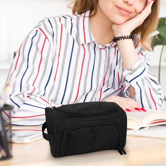 Gallickan Pencil Case with Zipper, Large Capacity Double Layer Side Storage Organizer, Portable Bag with Handle, Supplies Pouch, Black