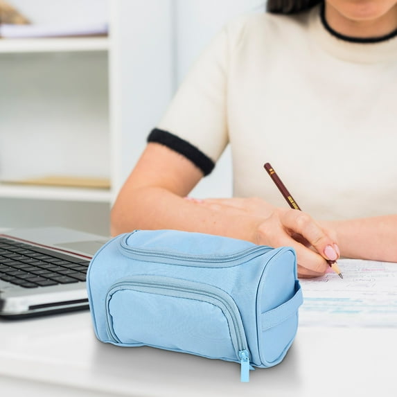 Gallickan Pencil Case with Zipper, Large Capacity Double Layer Side Storage Organizer, Portable Bag with Handle, Supplies Pouch, Light Blue