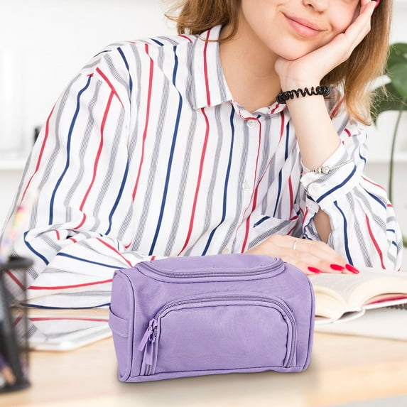 Gallickan Pencil Case with Zipper, Large Capacity Double Layer Side Storage Organizer, Portable Bag with Handle, Supplies Pouch, Purple