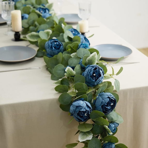 Gallickan Peony Vine Decor, Blue Artificial Flower Garland with Flexible Stems, Restaurant Home Wall Window Hanging Floral Arrangement, Blue