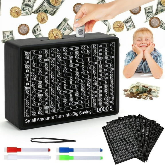 Gallickan Piggy Bank for Adults Kids, Coin Cash Bank with 8 Sheet Number Sticker and 4 Pens, Money Challenge Box with Money Target and Numbers, Black