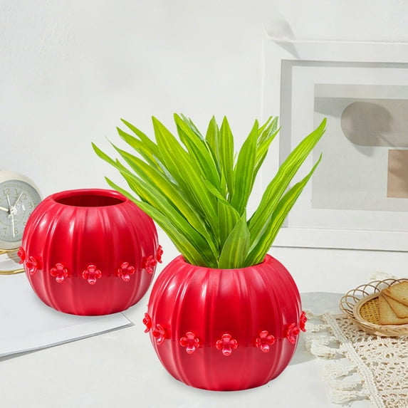Gallickan Pumpkin Vase, Plastic Decorative Flower Pot with Petal Design, Two-Part Splicing Planter for Home and Party Decor, Red