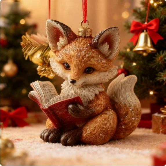 Gallickan Reading Fox Ornament, Raccoon Christmas Decoration, Literary Theme Tree Hanging Pendant, for Holiday Festive Decor, B
