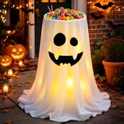 Gallickan Remote Control LED Ghost Candy Bowl with Stand, Light Up Animated Trick or Treat Container, Spooky Halloween Party Decor for Front Porch