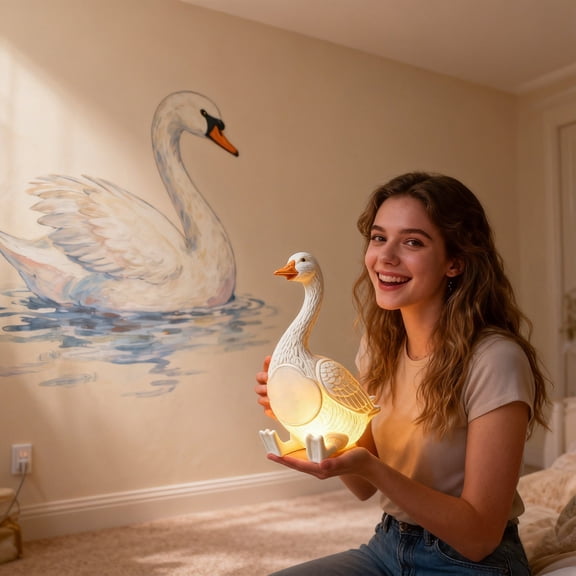 Gallickan Resin Goose Figurine Night Light, White Statue Tabletop Ornament with Soft Glow LED, Hand-Painted Bedroom Living Room Shelf Desk Bedside Decoration