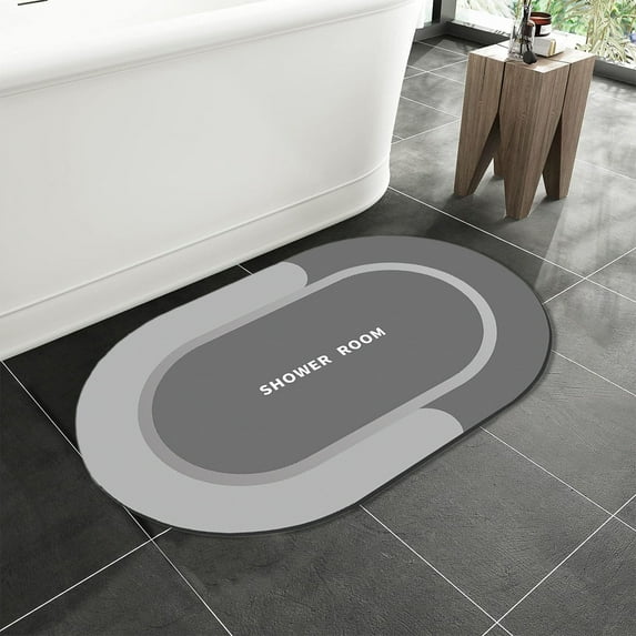 Gallickan Rubber Bath Mats, Non-Slip Quick Dry Rugs Fit Under Door Super Absorbent Thin Washable Oval Floor Bath Mat for Bathroom, Bathtub, Shower and Sink, Gray
