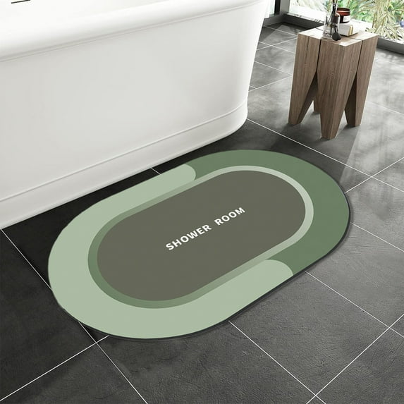 Gallickan Rubber Bath Mats, Non-Slip Quick Dry Rugs Fit Under Door Super Absorbent Thin Washable Oval Floor Bath Mat for Bathroom, Bathtub, Shower and Sink, Green