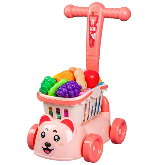 Gallickan Shopping Cart Toy for Kids, Pink Bear Trolley Toddler Play Cart with Pretend Play Fruit, Learning Toys Play Kitchen Accessories for Kids, Pink