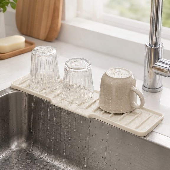 Gallickan Silicone Faucet Splash Guard Mat, Sloped Drainage Sink Water Accumulation Pad, Kitchen Counter Non-Slip Spill Catcher, 13.78in, White