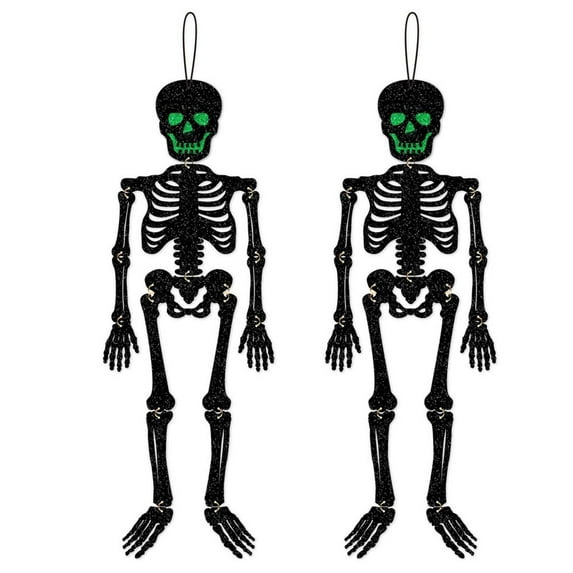 Gallickan Skeleton Ornament, 2Pcs Glitter Poseable Hanging Decor 26 Inch Tall, DIY Party Supplies Yard Home, Halloween Shiny Bone Decoration, Black