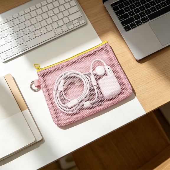 Gallickan Small Mesh Travel Pouch, Zippered Mini Organizer Bag for Sundries, Lightweight Portable Cosmetic Coin Card Document Storage, Pink