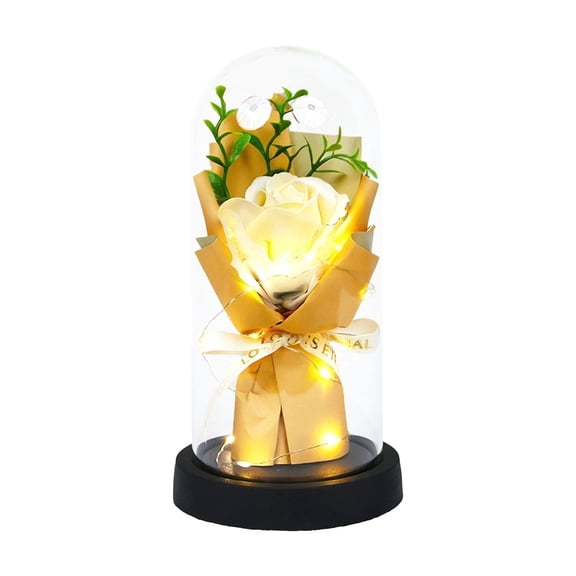 Gallickan Soap Rose Bouquet, Glass Dome with LED Light Base, Artificial Fragrant Rose Flowers, Long Lasting Valentine's Birthday Gift and Home Table Decor, Yellow